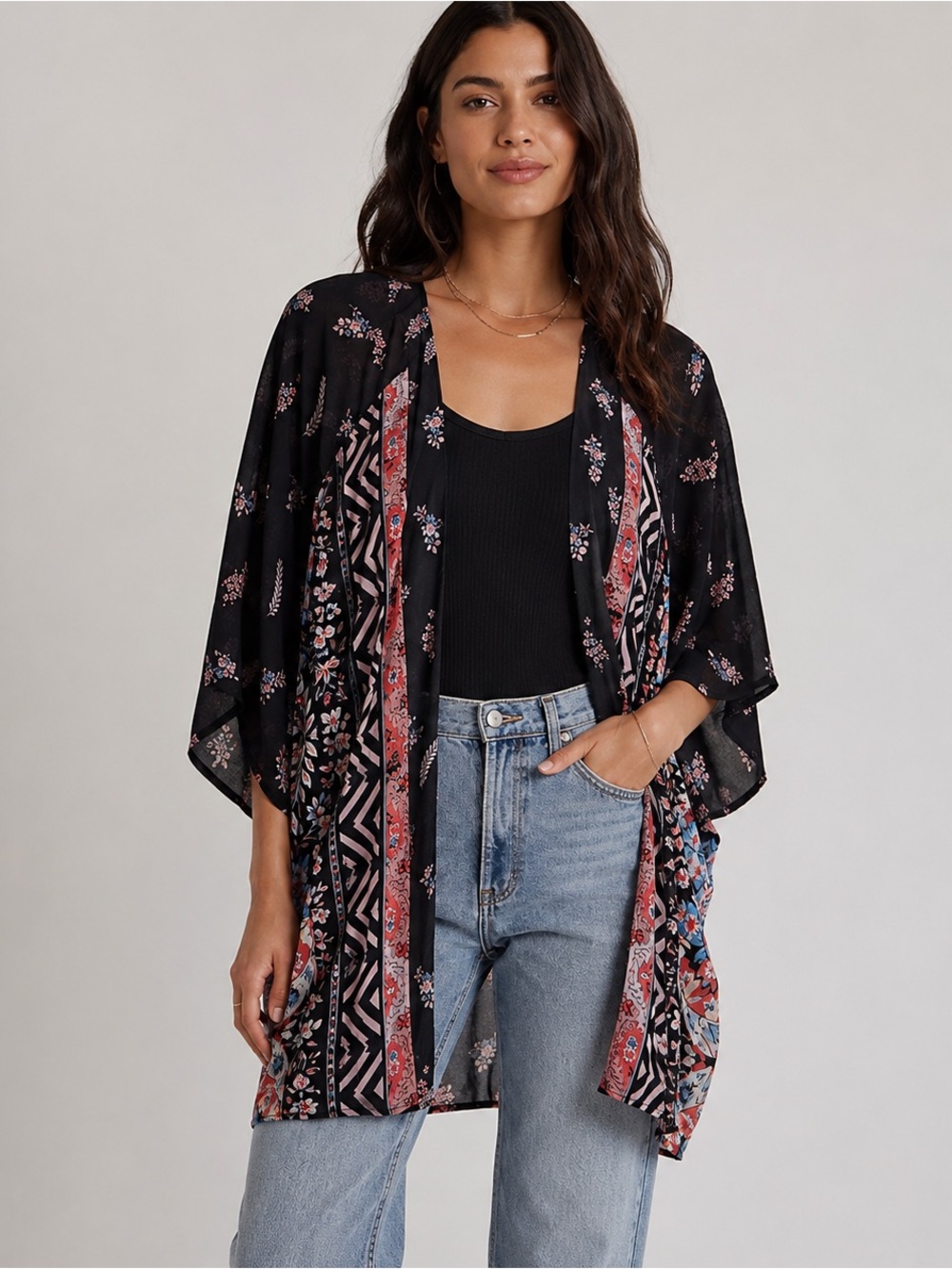 Express‎ Black Floral Border-Print Open Kimono